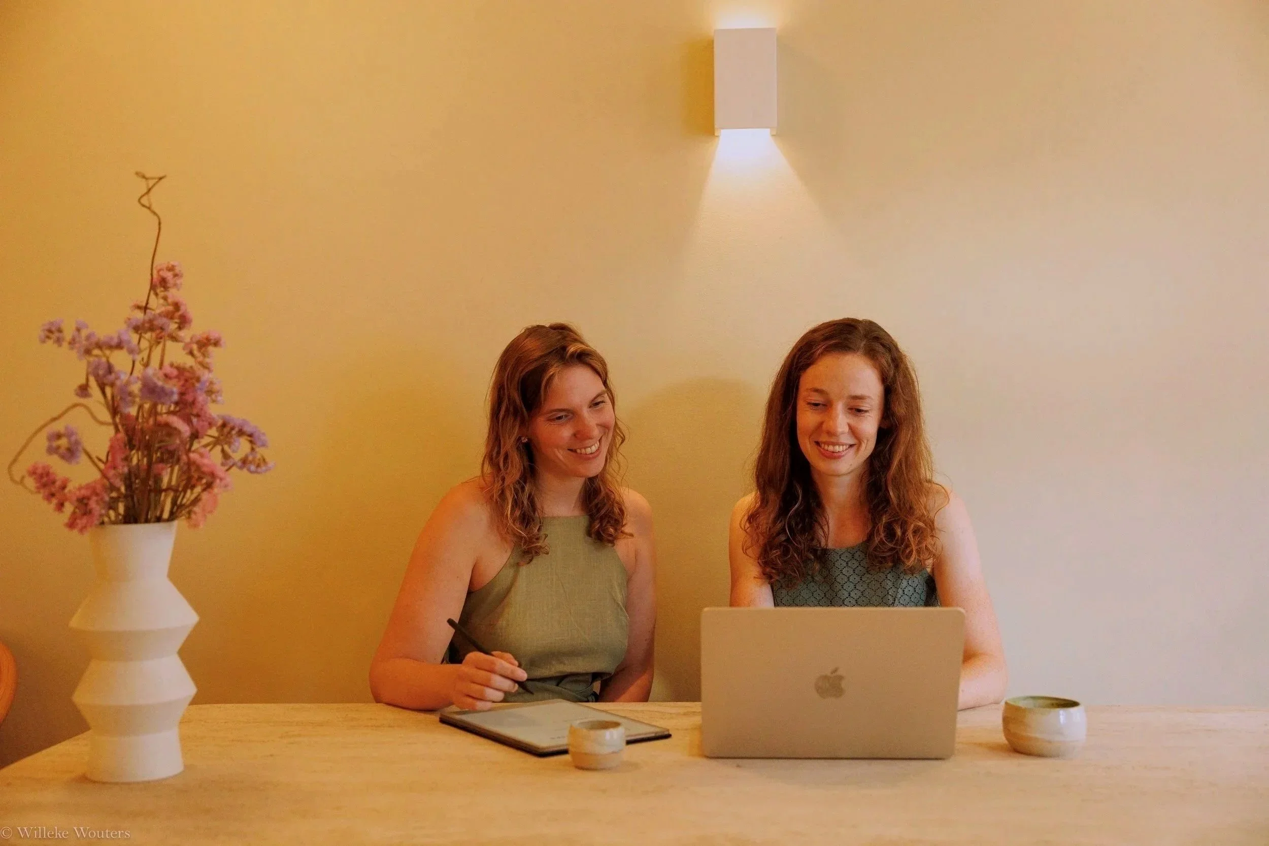 Twee vrouwen zitten aan een tafel met een laptop en een tablet, terwijl ze naar het scherm kijken en glimlachen. Op de tafel staan also een klein schaaltje en een mok. Aan de linkerzijde staat een witte vaas met roze bloemen. Er hangt een wit lichtelement aan de gele muur boven de vrouwen.