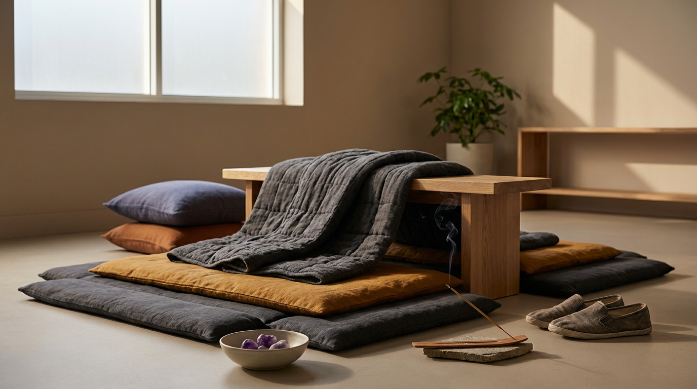 Entorno de sala de descanso con cojines en el suelo, una mesa de madera, una planta en una maceta, un plato con frutas, un incienso encendido, y zapatillas sobre el piso, con luz natural entrando por la ventana.