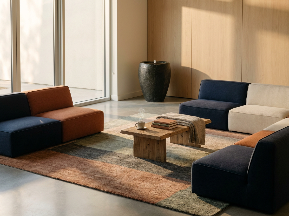 Sala de estar moderna con sillones de colores y una mesa de madera, alfombra y una fuente en una esquina