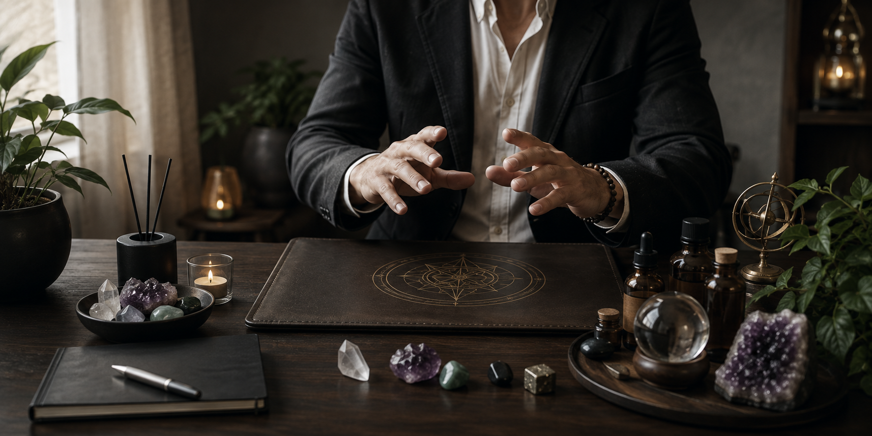 Persona sentado en una mesa con artículos de cristales y objetos esotéricos, como planchas de adivinación, esferas, frascos, y plantas decorativas en un entorno de estilo oscuro y acogedor.
