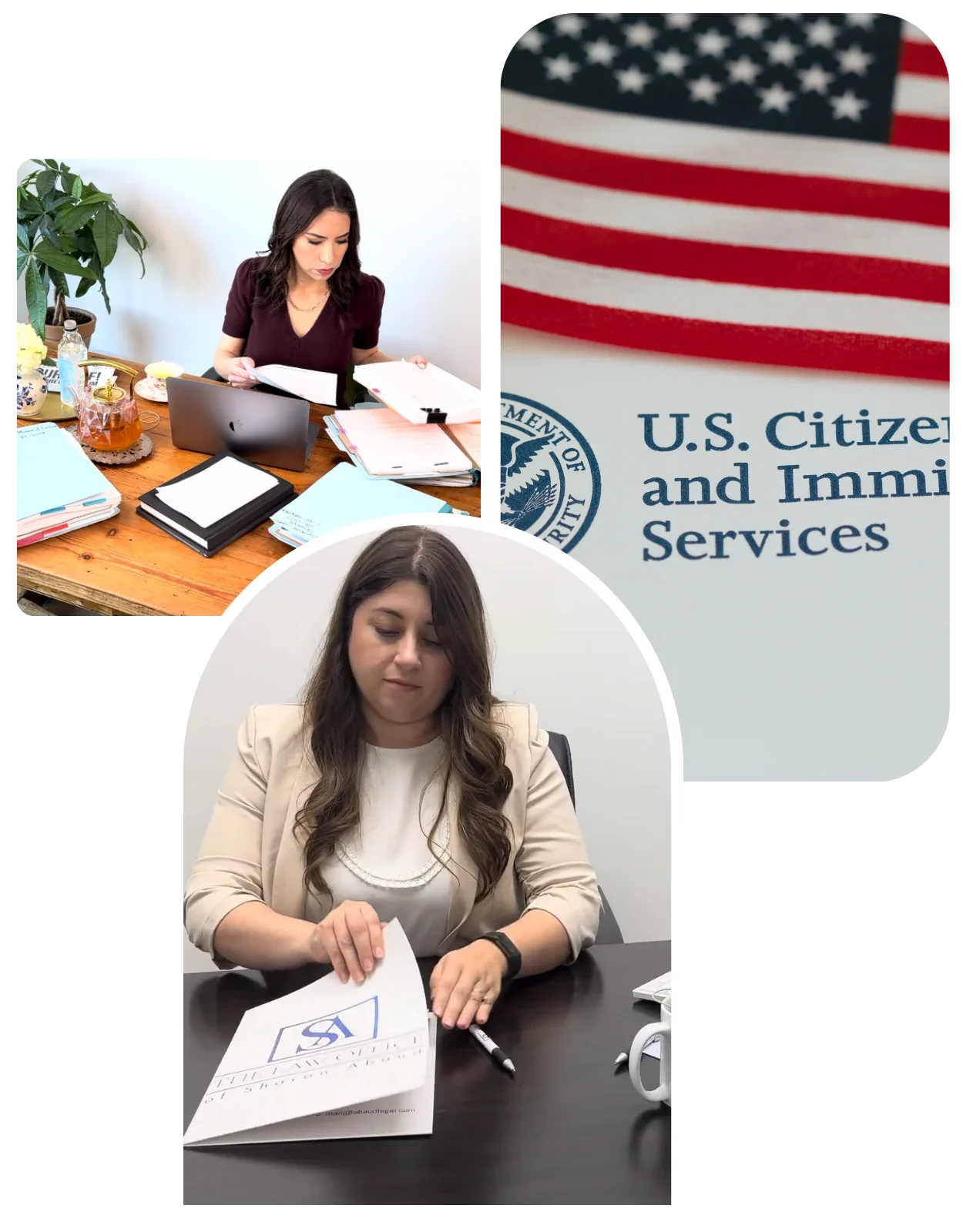 Dos mujeres en oficinas, una revisando documentos y la otra colocando papeles en una tableta, con un logotipo del Servicio de Ciudadanía e Inmigración de EE.UU.