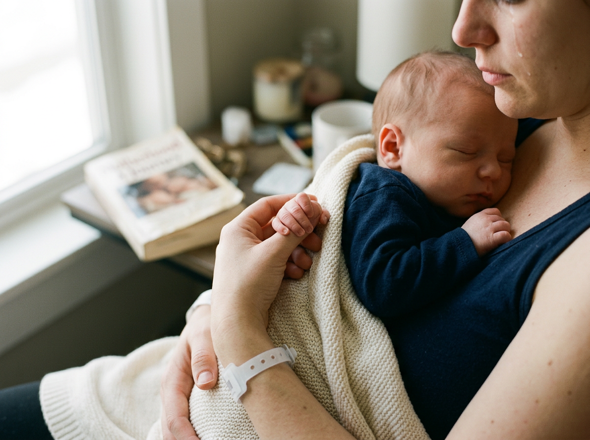 A woman holding a sleeping baby against her shoulder inside a home. The woman is wearing a navy tank top, and the baby is wrapped in a beige blanket, resting peacefully. A hospital wristband is on the woman's wrist. Near the window, there is a stack of newspapers and various objects on a table.