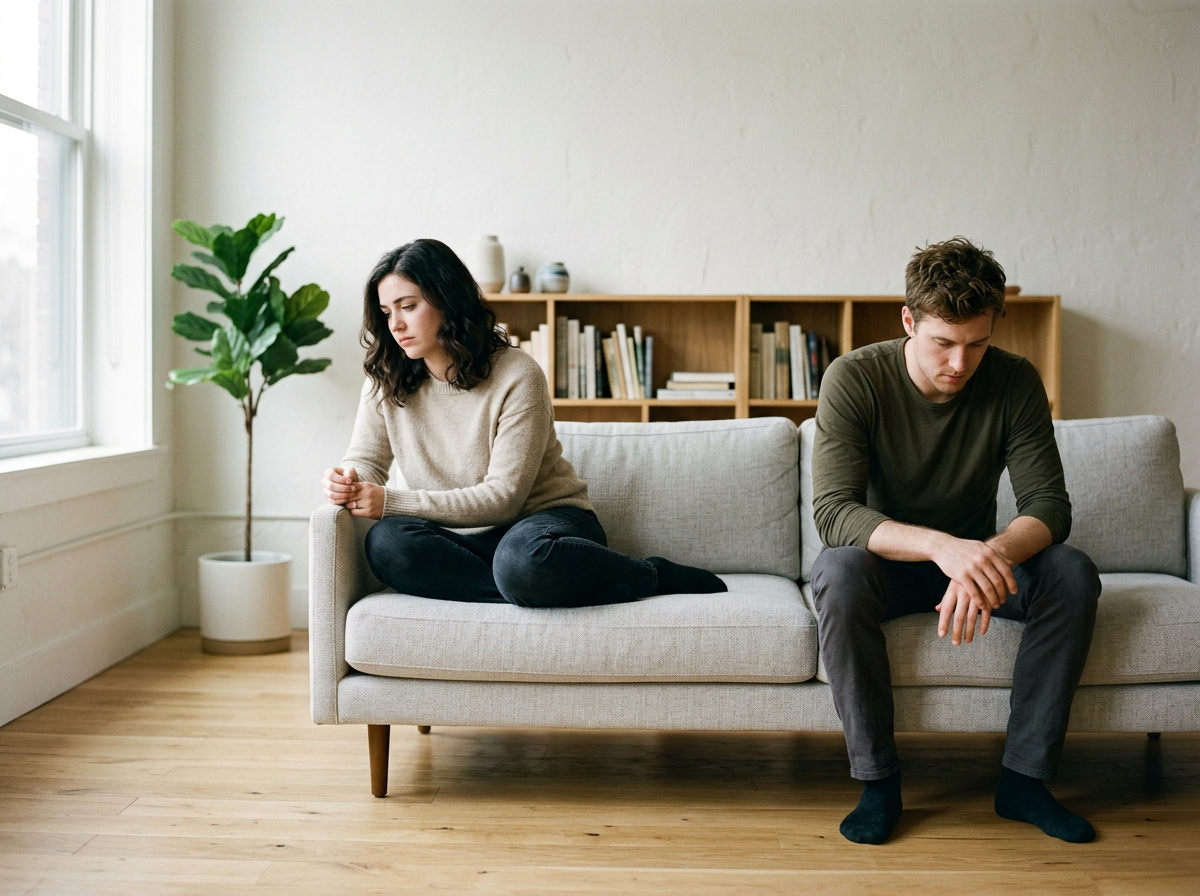 A young woman and man sit on a light gray sofa in a minimalist living room, looking down with somber expressions. The woman is crossing her arms while sitting with her legs crossed, and the man is sitting with his hands clasped and head slightly bowed. There is a wooden bookshelf with books behind them and a large potted plant near the window.