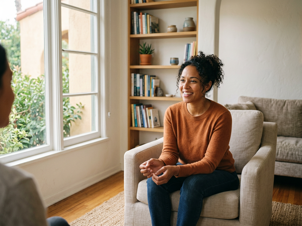 A woman with curly hair smiling during a conversation, sitting on a beige armchair in a cozy living room with a bookshelf and large window letting in natural light.