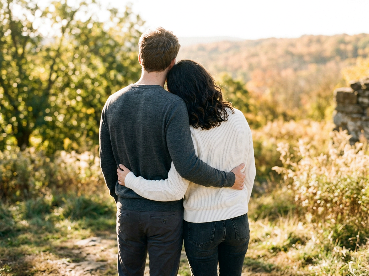 A couple embracing outdoors, with the man resting his head on the woman's shoulder, surrounded by trees and a scenic landscape in the background.