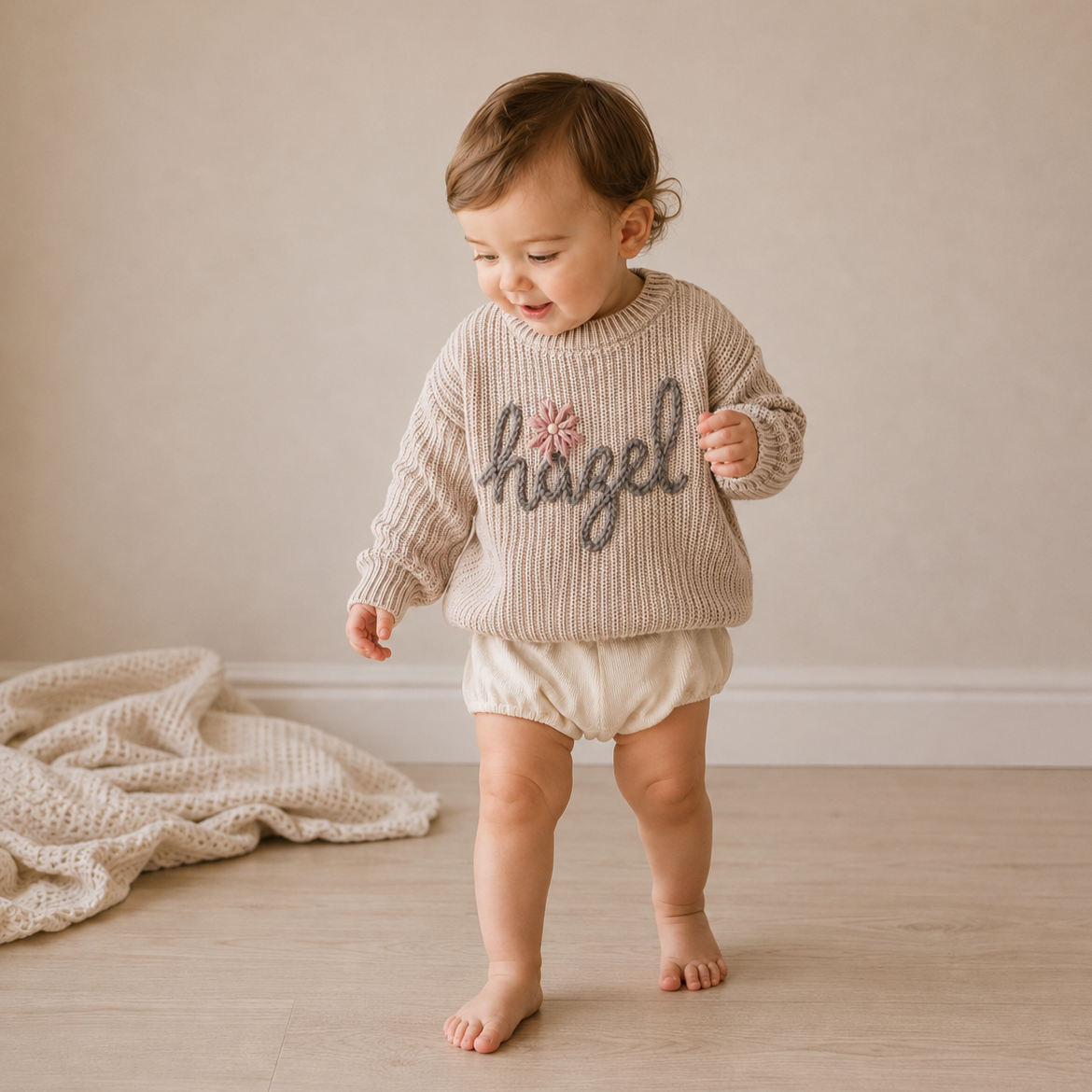 Toddler wearing a personalized hand-embroidered “hopeful” keepsake sweater from Frank & Ollie.