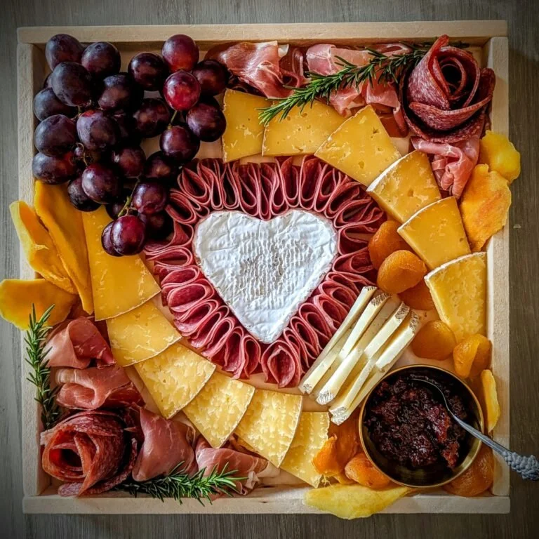 A cheese and charcuterie board with grapes, cured meats, various cheeses, dried fruit, honey, and garnished with rosemary, arranged in a decorative pattern.