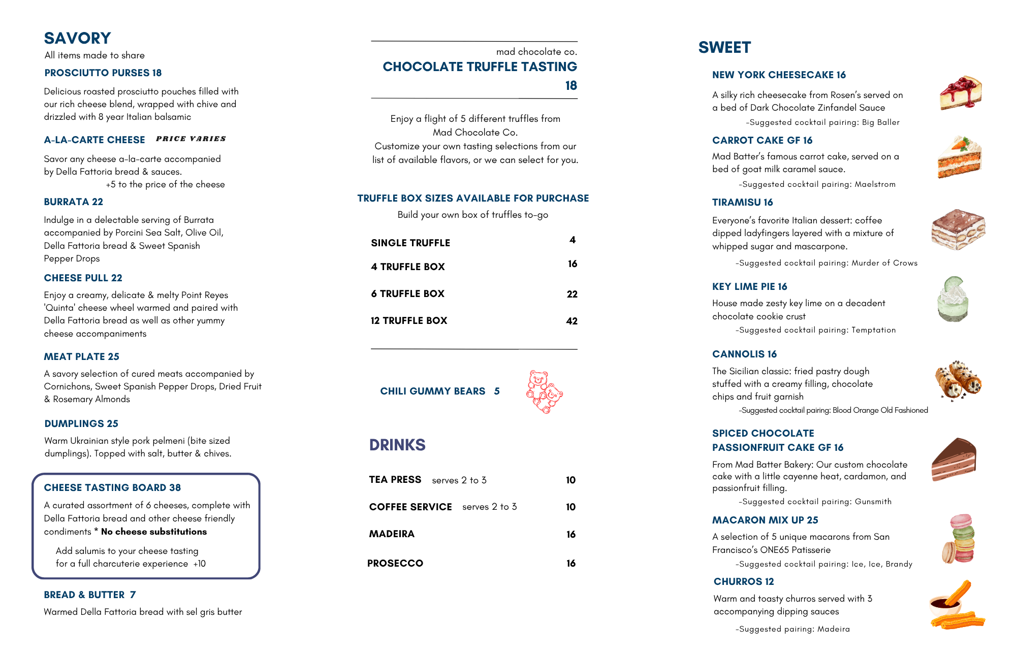 Part of a menu showing various categories of desserts and savory items, with images of some desserts including a cheesecake, carrot cake, tiramisu, key lime pie, cannoli, spiced chocolate, passionfruit cake, churros, and macarons.