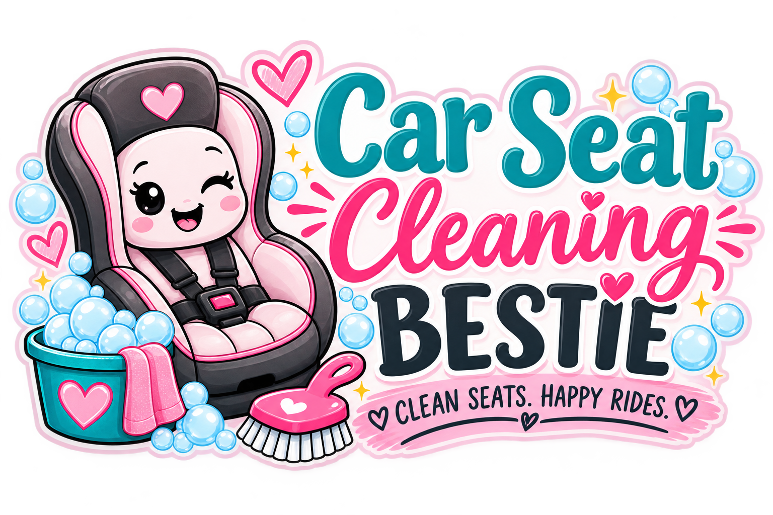A colorful graphic promoting car seat cleaning, featuring a cartoon of a smiling winking baby car seat surrounded by bubbles, hearts, and cleaning tools, with the text 'Car Seat Cleaning Bestie', and the slogan 'Clean seats. Happy rides.'