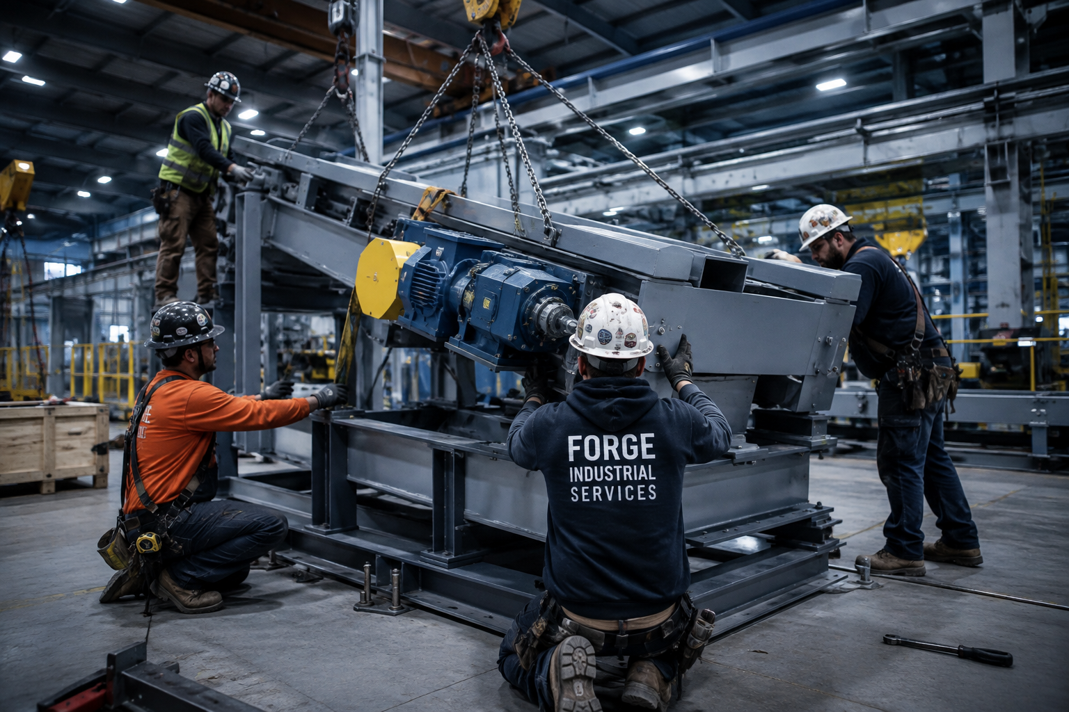 Workers installing industrial machinery and equipment inside a manufacturing facility.