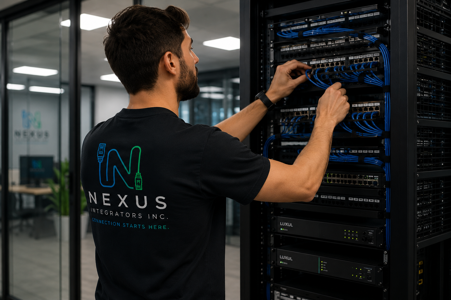 A man working on network cables in a server room, wearing a black T-shirt with 'NEXUS INTEGRATORS INC.' logo.