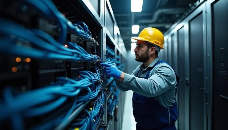 Technician wearing a yellow safety helmet and blue gloves working on network cables inside a data center.