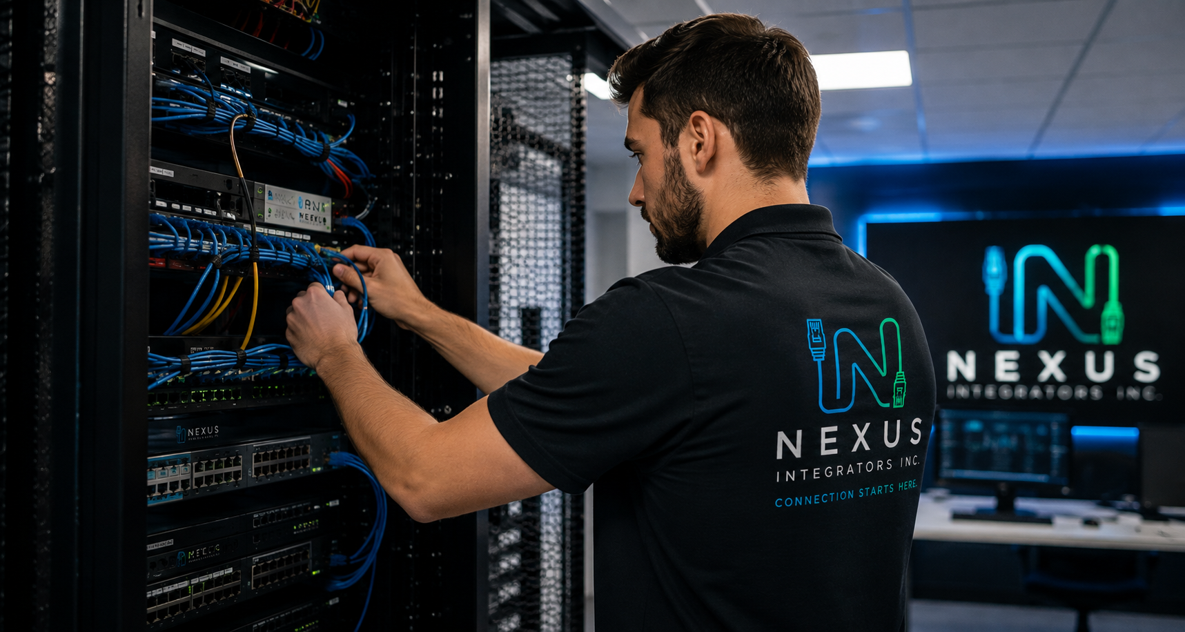A technician working in a server room, connecting or managing network cables in a server rack. The technician is wearing a black polo shirt with the Nexus Integrators Inc. logo and slogan, and a similar logo is visible on a screen in the background.