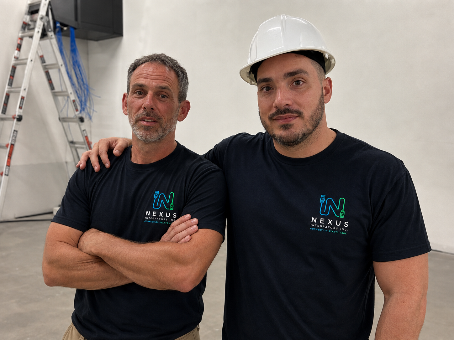 Two men standing together in an industrial or construction setting, both wearing black T-shirts with a Nexus Integrators Inc. logo. The man on the right is wearing a white safety helmet. The man on the left has gray hair and a beard, with his arms crossed. The man on the right has his arm around the other man's shoulder. There is a ladder and some wiring in the background.