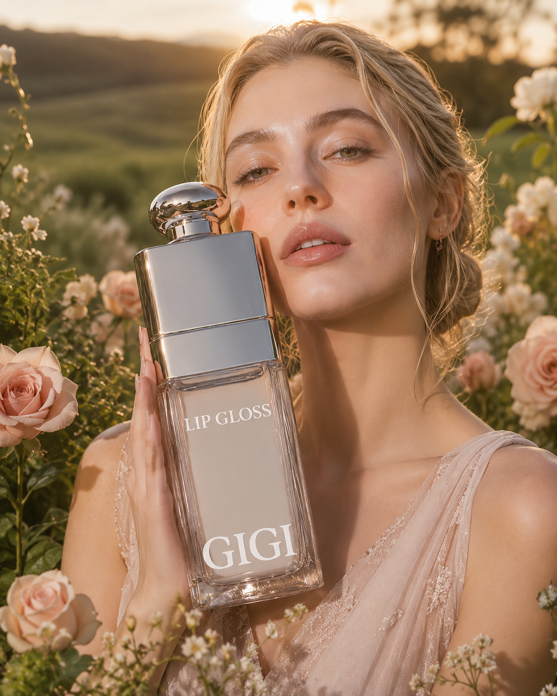 A woman with blonde hair holding a large perfume bottle labeled "LIP GLOSS GIGI" outdoors among pink roses at sunset.