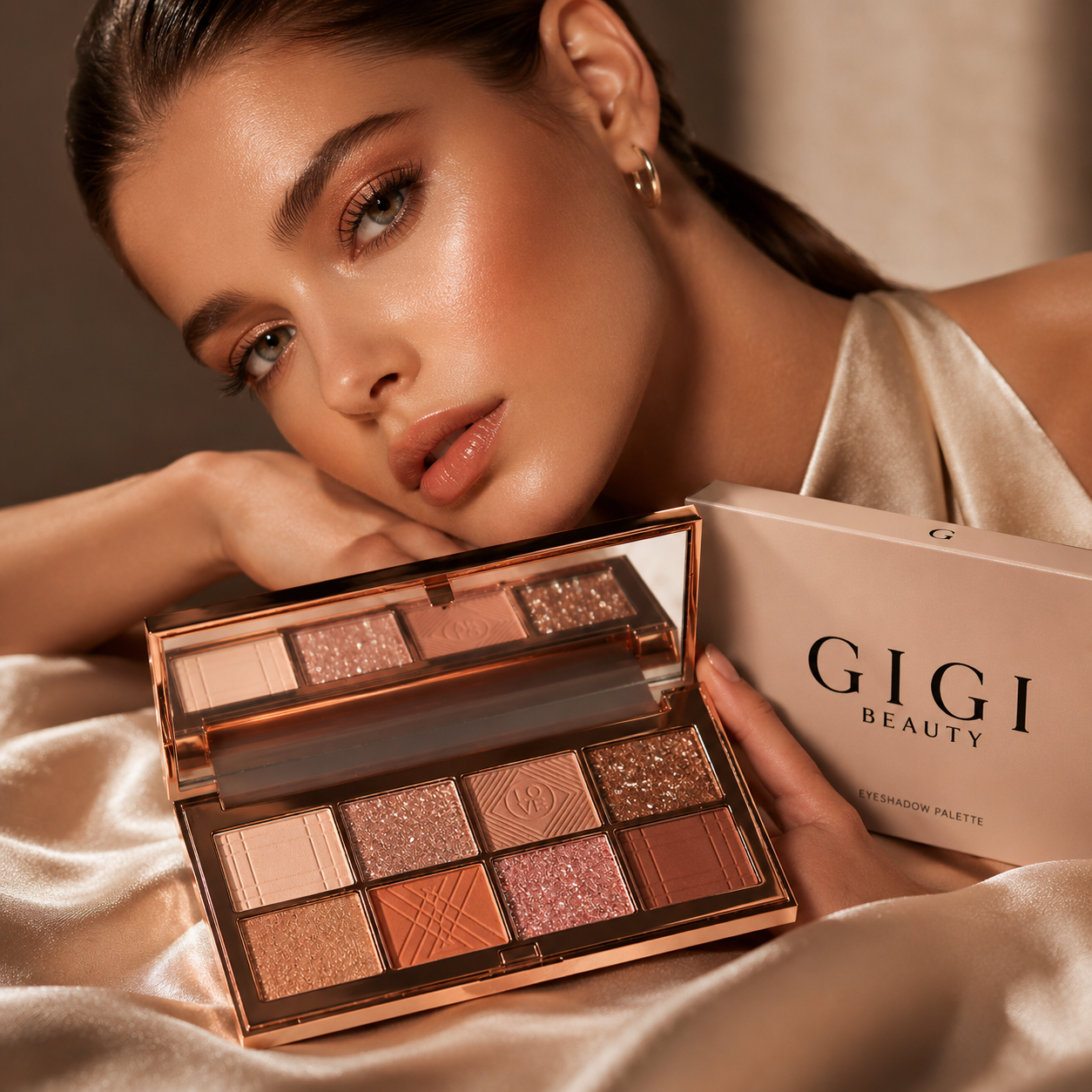 A woman with highlighted makeup and gold earrings lies on silk fabric, holding an eyeshadow palette from GIGI Beauty with shades of pink, brown, and glitter.