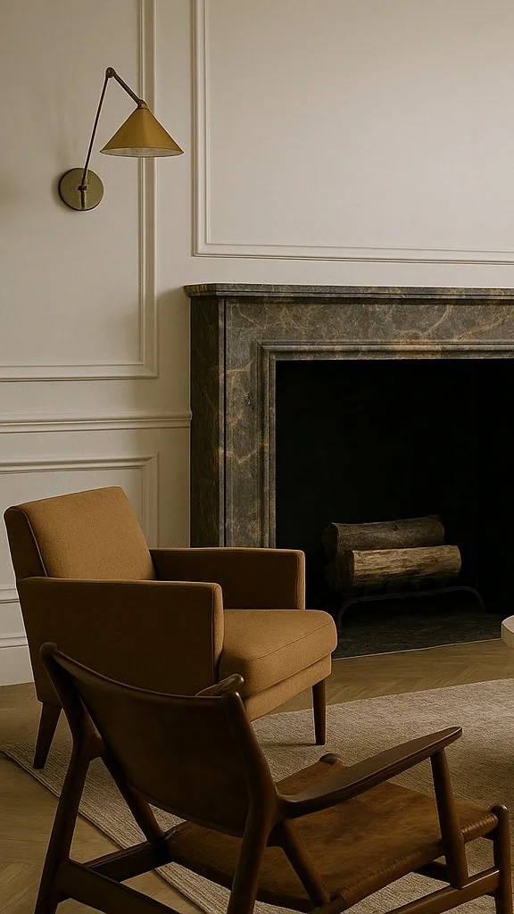 Living room with a beige armchair, a wooden lounge chair, a fireplace with a dark stone mantel, and a wall-mounted brass sconce with a conical shade.