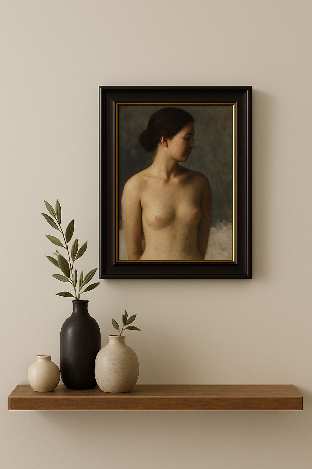 A framed painting of a nude woman with dark hair in a bun, seen in profile, on a light-colored wall. Below, a wooden shelf holds three vases with green leafy branches.