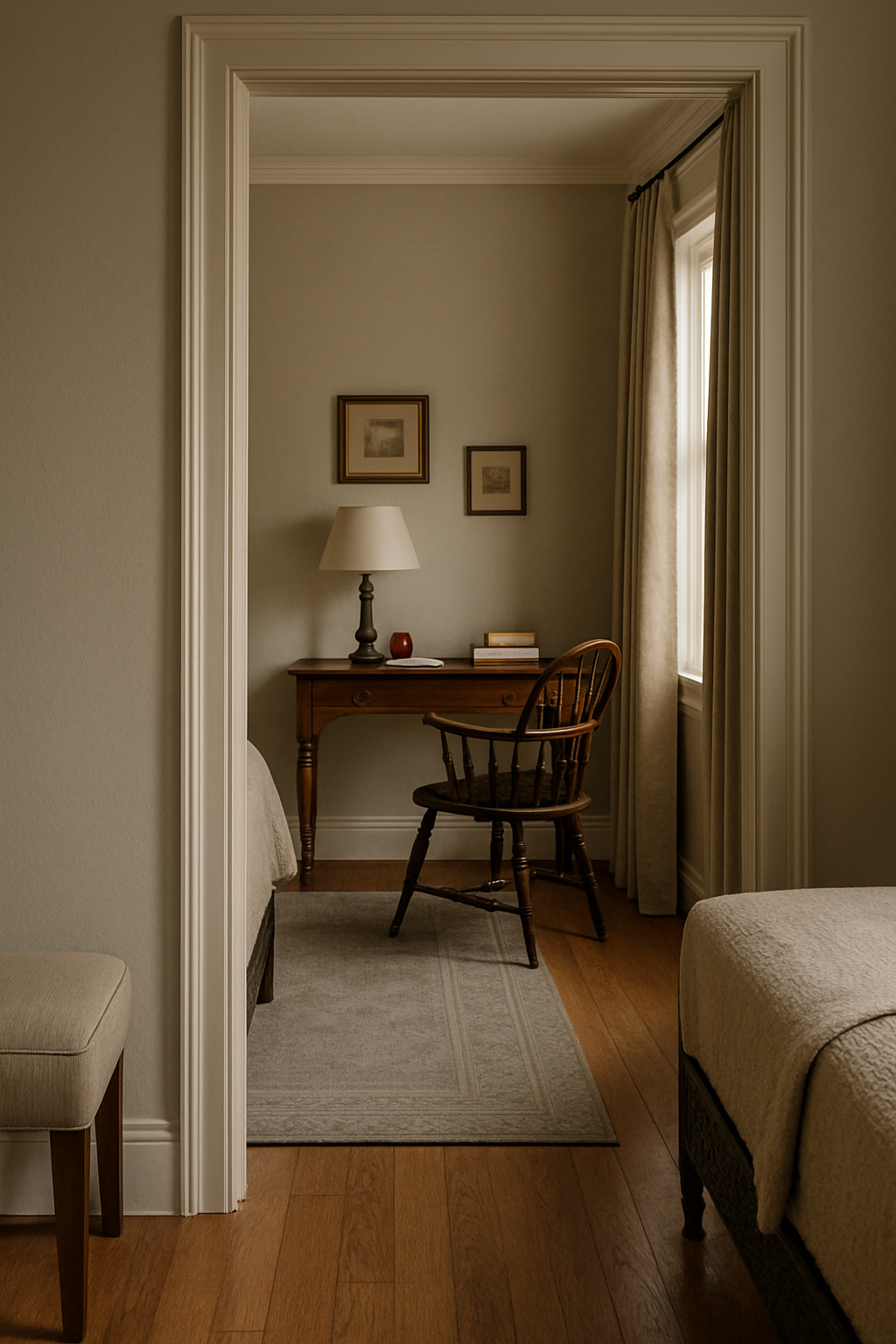 A view into a cozy bedroom nook with a wooden desk, a wooden chair, a table lamp, framed pictures on the wall, a window with curtains, and a bed partially visible in the foreground.