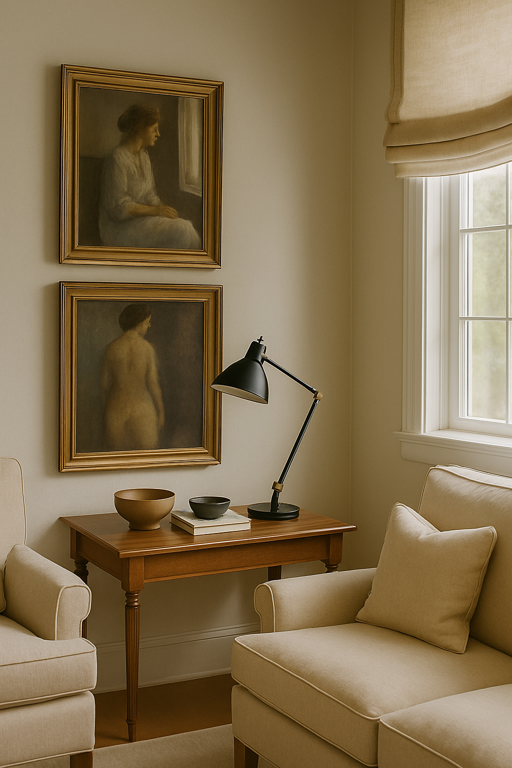 A cozy living room corner with two beige armchairs, a wooden side table, black desk lamp, decorative bowls, books, and two framed paintings of women on the wall next to a window with beige curtains.