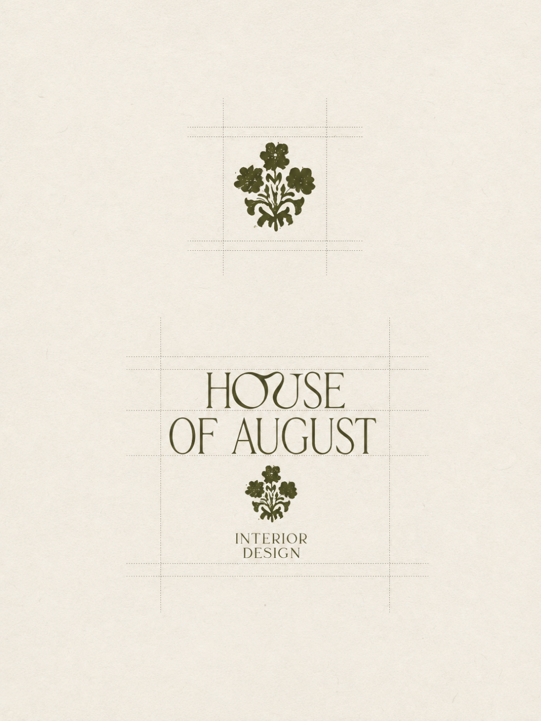 Cream-colored book cover with green floral crest and title 'House of August,' subtitle 'Interior Design' in elegant font.