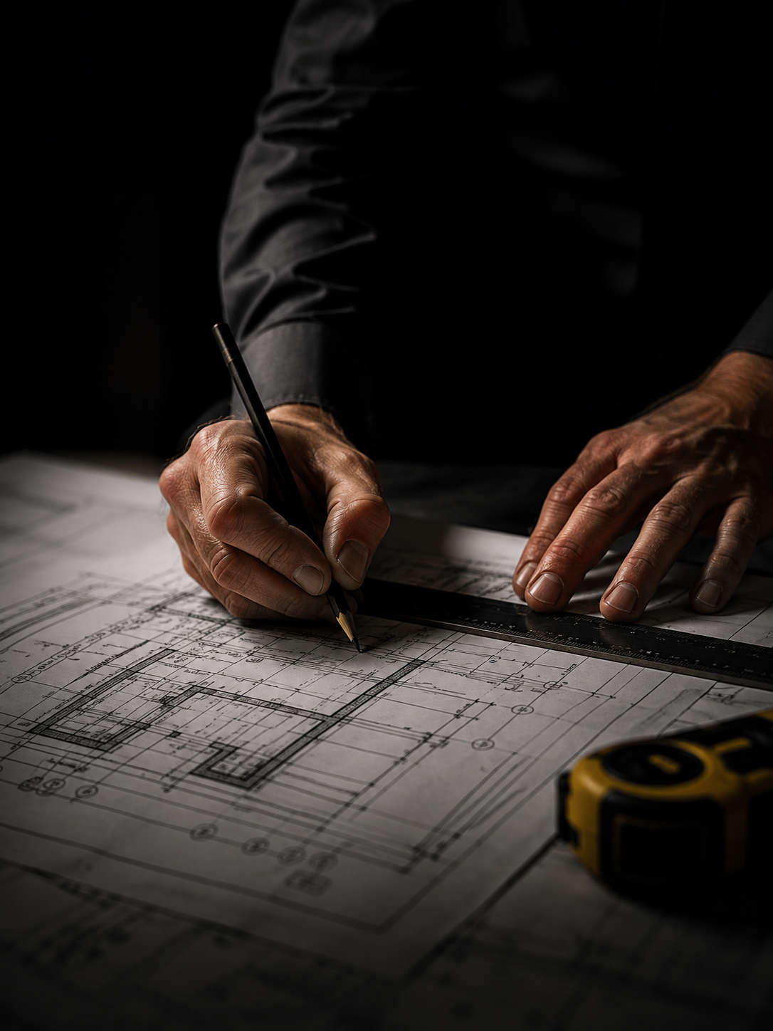 Une personne en train de dessiner des plans d'architecture sur un bureau avec un crayon, une règle et un ruban à mesurer, avec une faible lumière qui met en évidence ses mains et les documents.