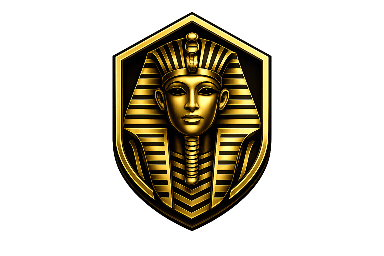 Logo doré illustrant la tête d'un pharaon égyptien avec une coiffe, sur fond noir.