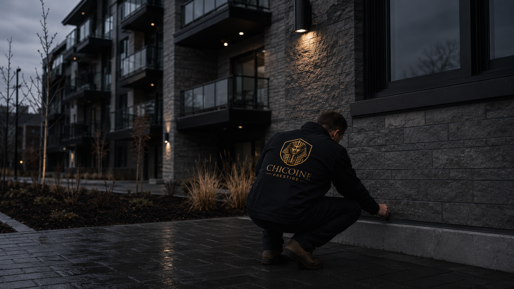 Un homme portant un gilet noir avec le logo de Chicoine Prestige qui nettoie ou inspecte le bas d'un mur en brique noire devant un immeuble résidentiel moderne, le soir.