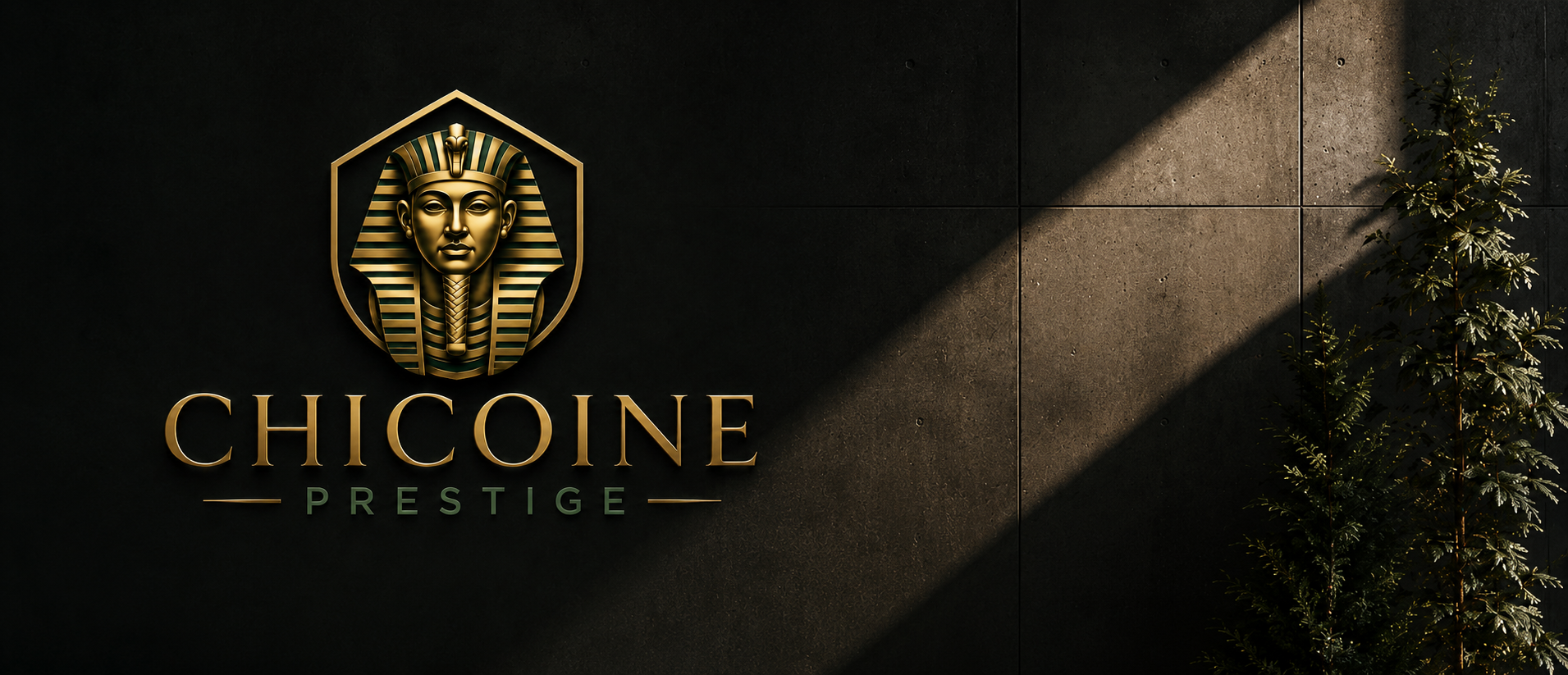 Logo or décoration avec un portrait doré d'un pharaon égyptien et le texte "CHICOINE PRESTIGE" sur un fond sombre, avec des rayons de lumière et une jeune plante à droite.