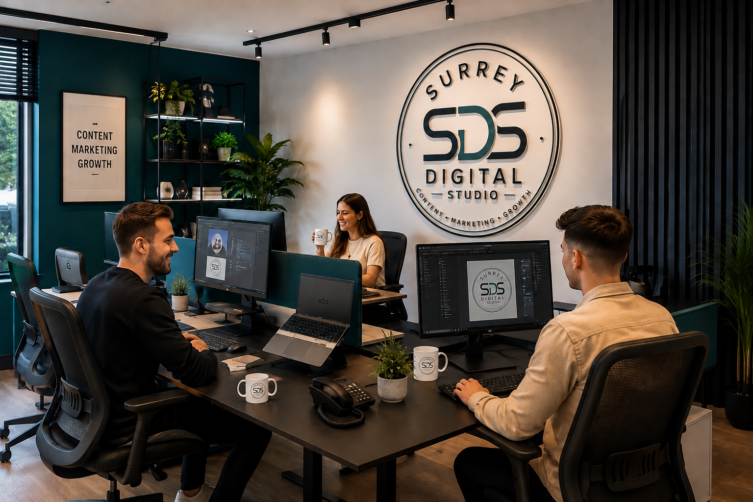 Office with three employees working at desks, two men and a woman, with computers, plants, and branding for Surrey Digital Studio on the wall.