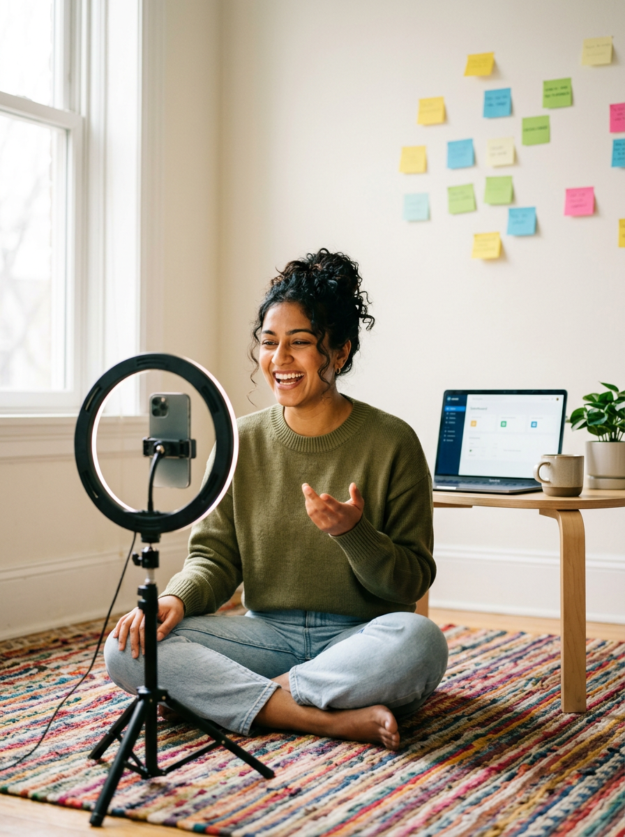 Young content creator filming a fun social media video with a ring light and smartphone, on brand for Surrey Digital Studio's content pillar
