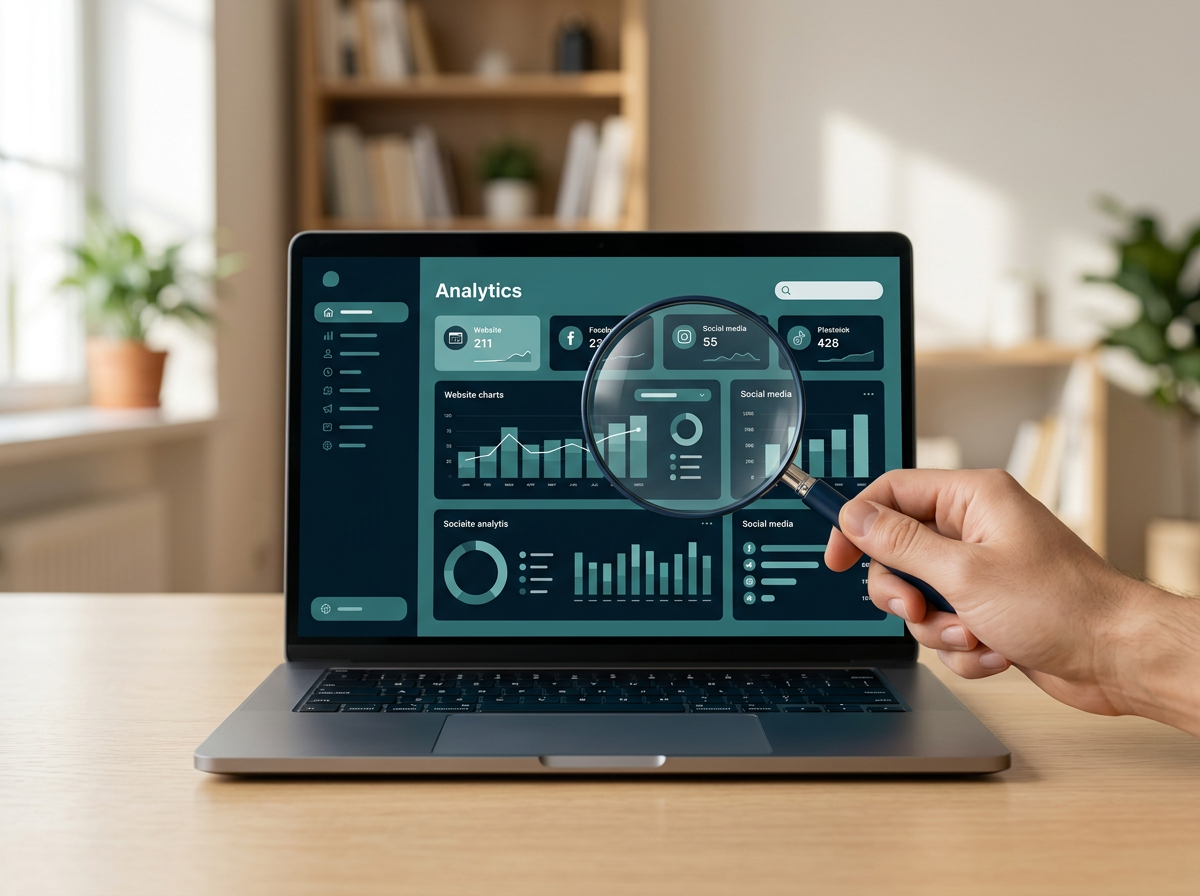 Magnifying glass over a website and social media analytics dashboard, representing a website and social audit