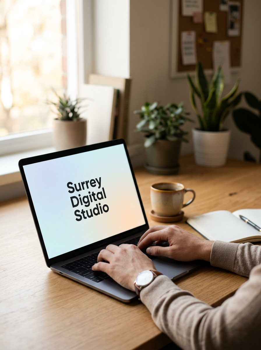 Hands typing on a laptop displaying the Surrey Digital Studio logo, with coffee and a notebook on a wooden desk