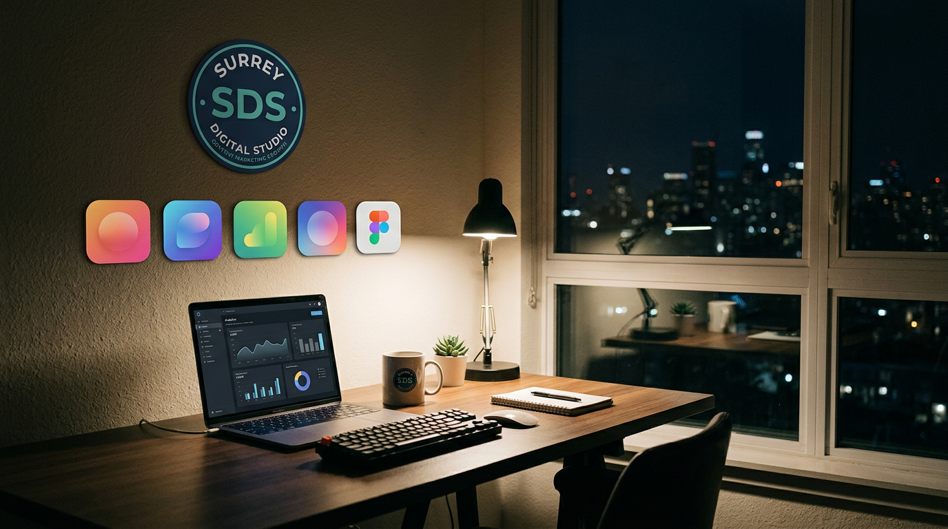 A home office desk at night with a laptop displaying data charts, a lamp, potted plants, a cup with 'SDS' logo, a notepad, and a window showing a city skyline.