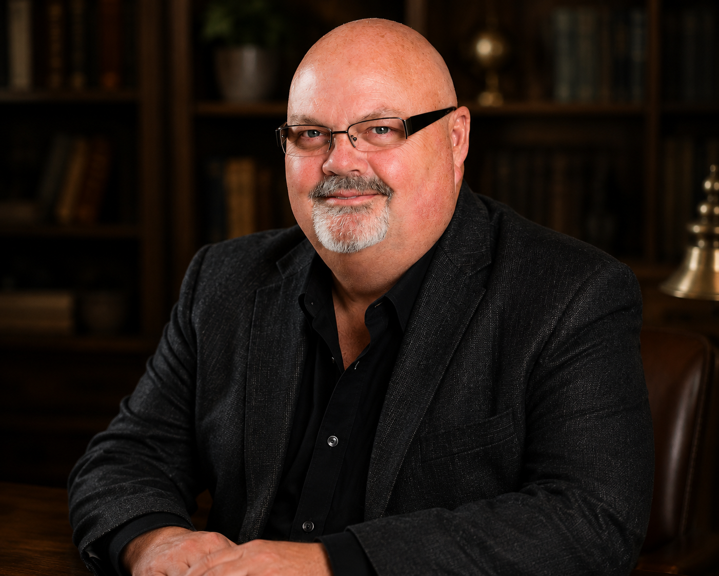 Anthony W. Stout seated in a warmly lit study, wearing a charcoal blazer and black shirt, with bookshelves in the background.