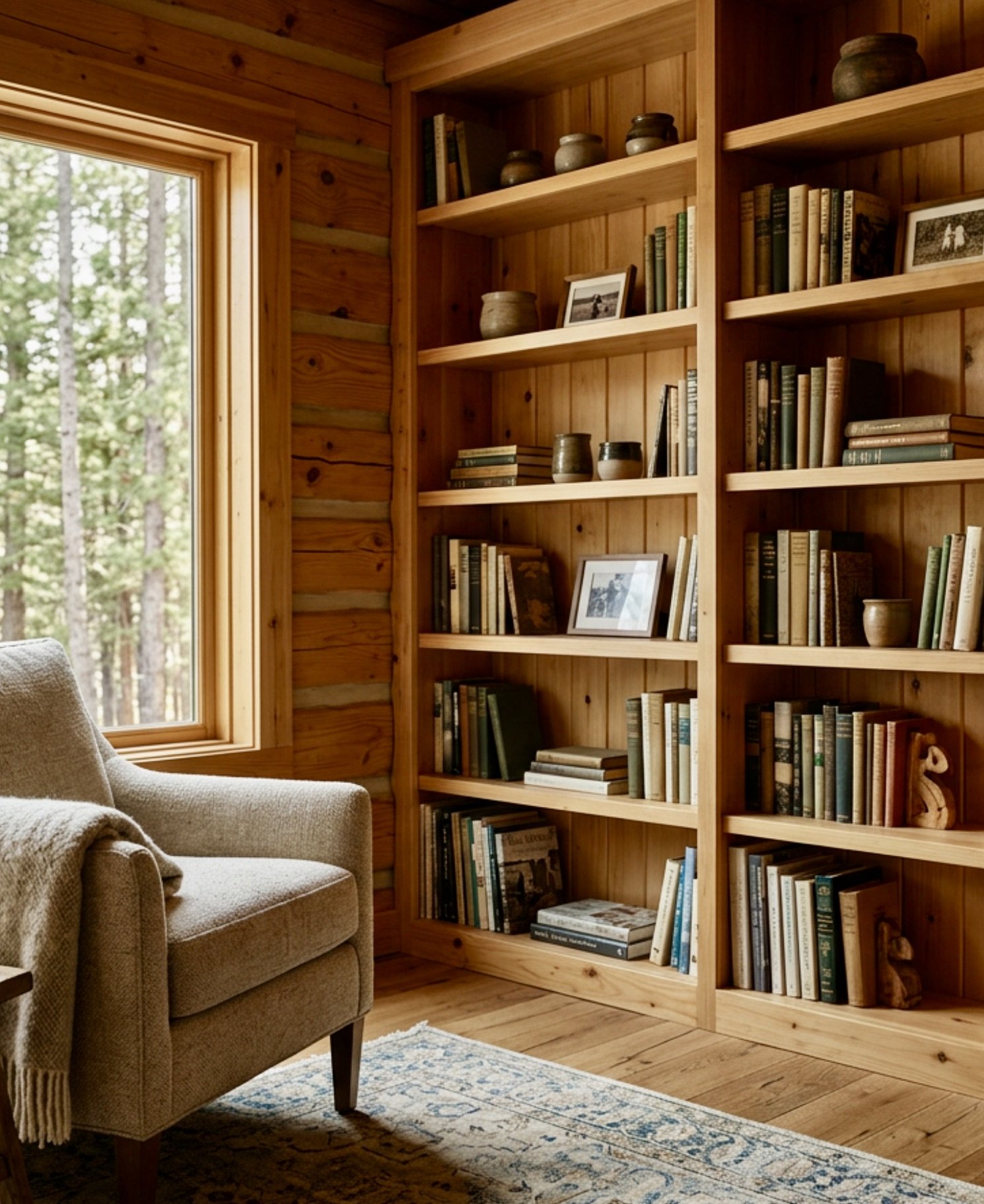 A cozy wooden interior room with windows showing trees outside, a beige armchair, a wooden bookshelf filled with books and decorative pottery, and a patterned area rug on the wooden floor.