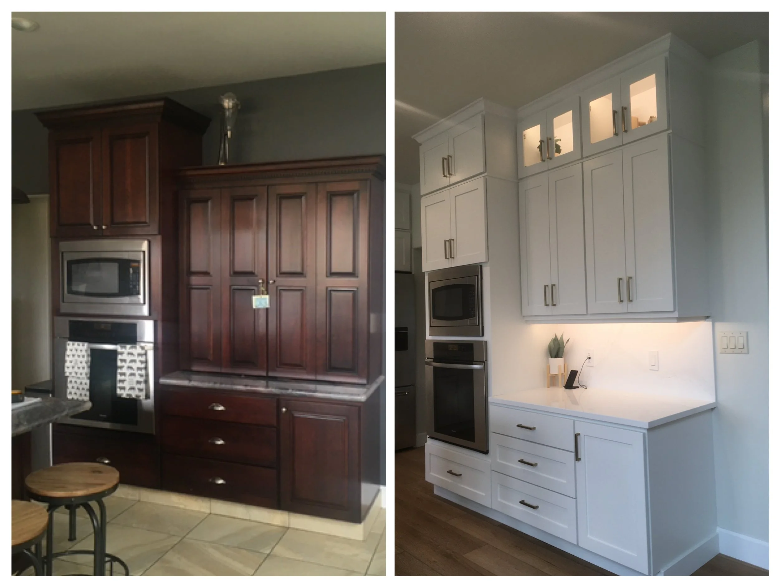 Comparison of a kitchen with dark wooden cabinets on the left and white cabinets on the right.