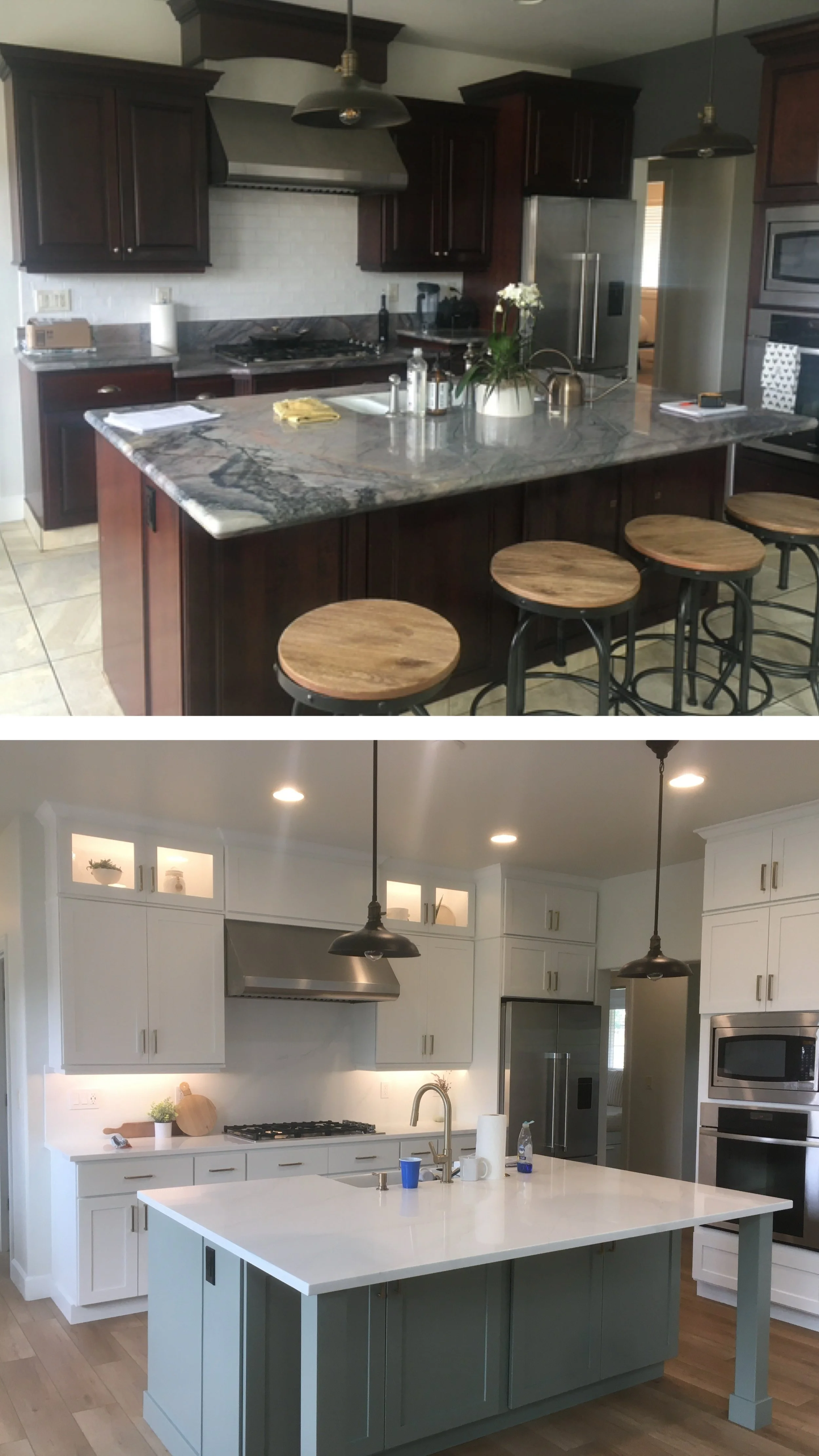 Comparison of two kitchens: the top kitchen has dark wooden cabinets and a dark marble island, while the bottom kitchen features white cabinets and a light, white island with a modern design.