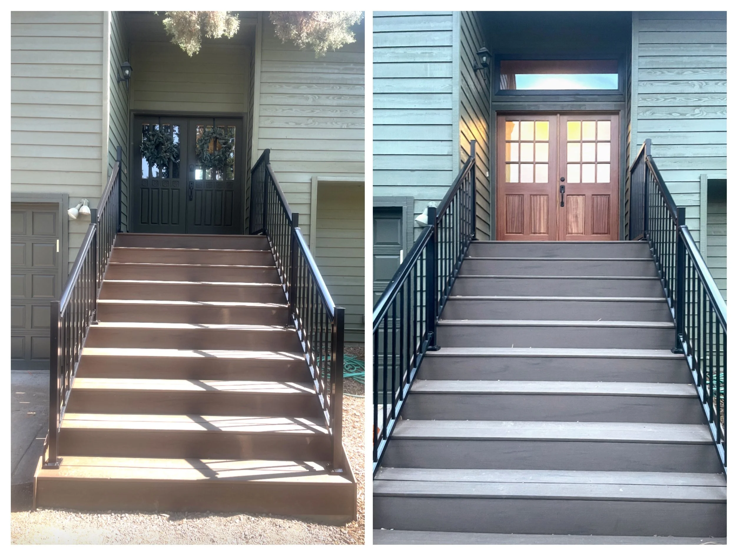 Comparison of two front porches with stairs and doors. The left porch has a dark gray door with a festive wreath, while the right porch has a light wood door with glass panels. Both porches have black metal railings, and each features a wall-mounted 