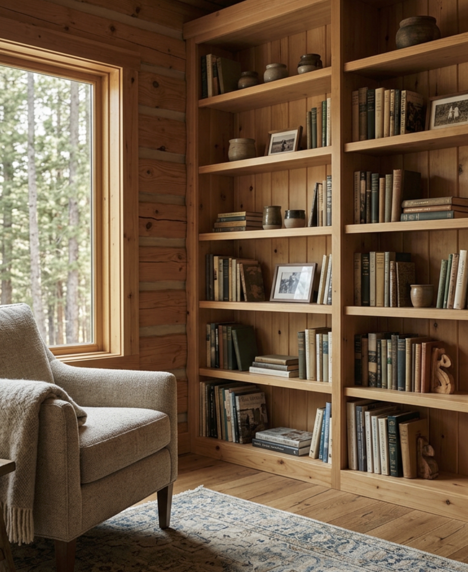 A cozy wooden room with a large window showing trees outside. The room features a wooden bookshelf filled with books, framed photos, and small decorative pottery. There is a beige armchair with a throw blanket and an ornate rug on the wooden floor.