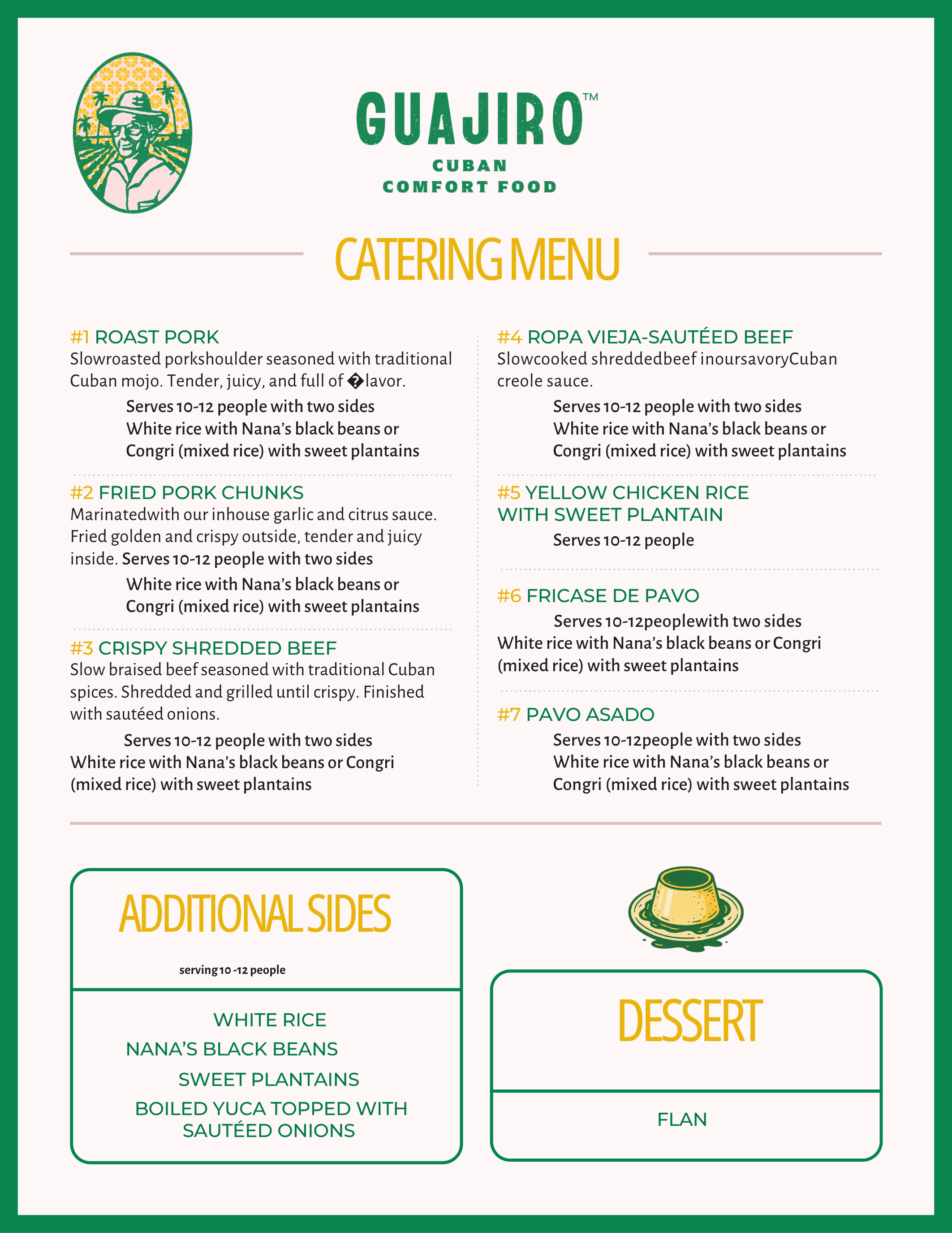 A catering menu from Guajiro Cuban Comfort Food listing various traditional Cuban dishes with descriptions and serving sizes.