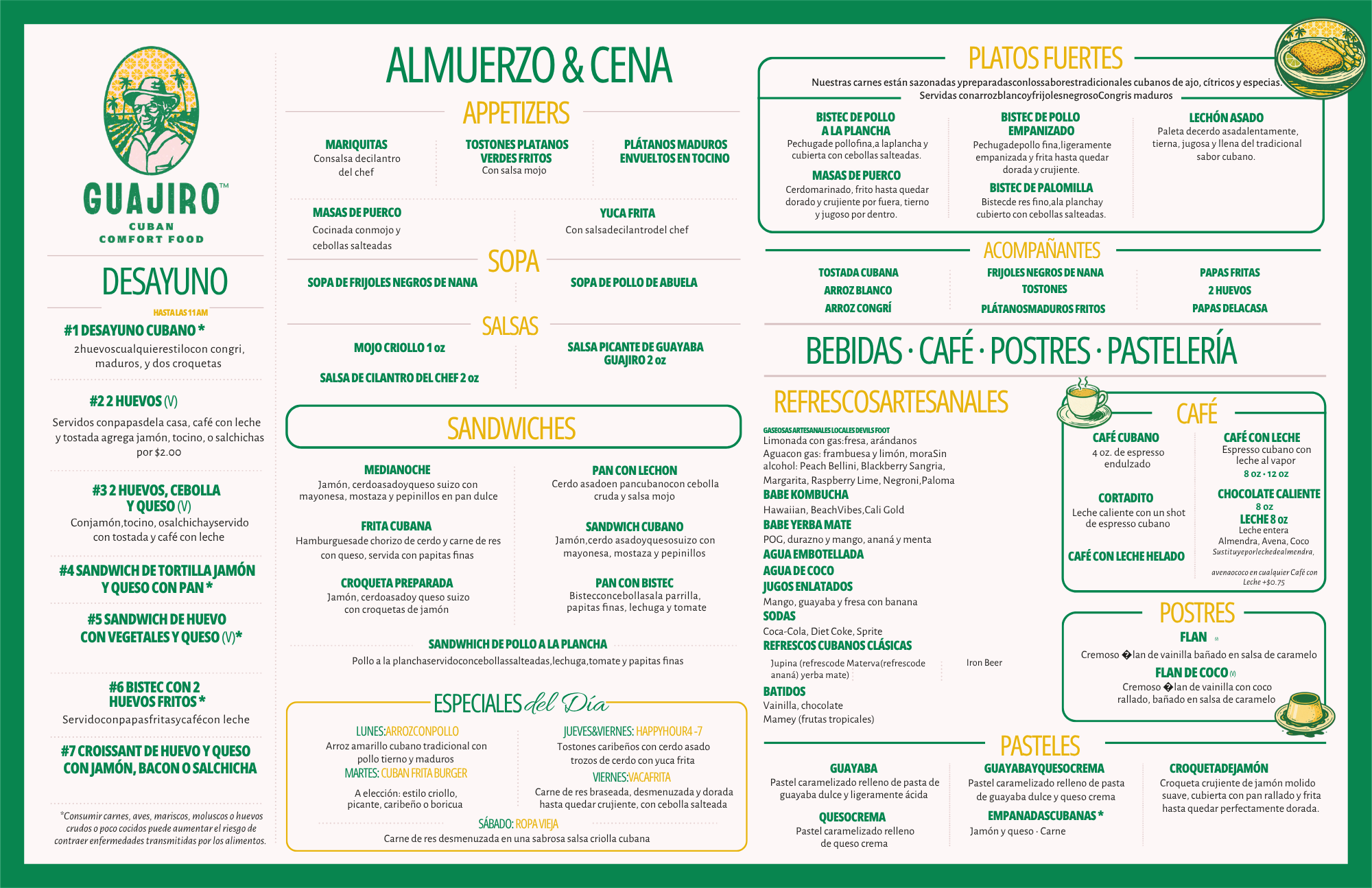 A detailed menu board from a Cuban restaurant called Guajiro, featuring sections for breakfast, appetizers, soups, sandwiches, specials of the day, drinks, desserts, and pastries. The menu is decorated with Cuban-themed graphics and text in green, yellow, and orange colors.