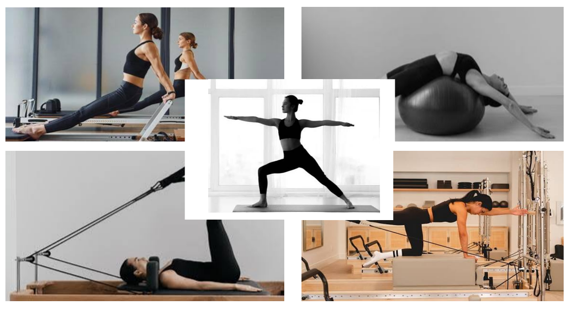 Collage of women performing various Pilates exercises, including using a reformer machine, stretching on a stability ball, standing in a yoga pose, using a resistance band, and doing a reformer plank.