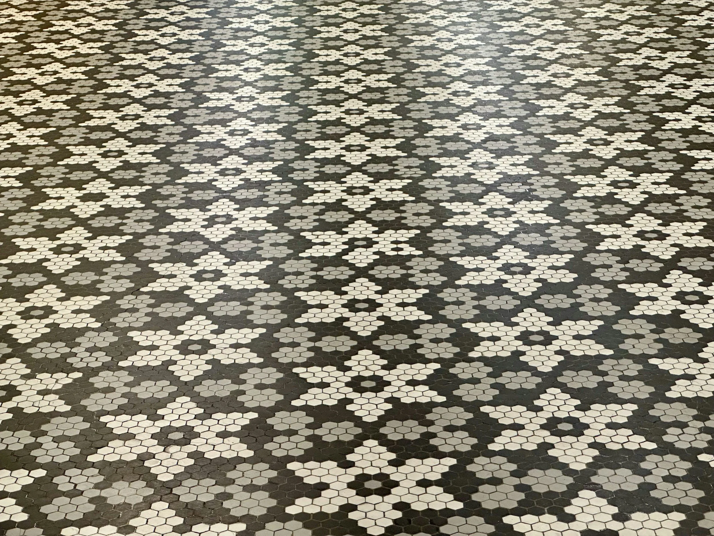 Patterned black and white hexagonal tile floor.
