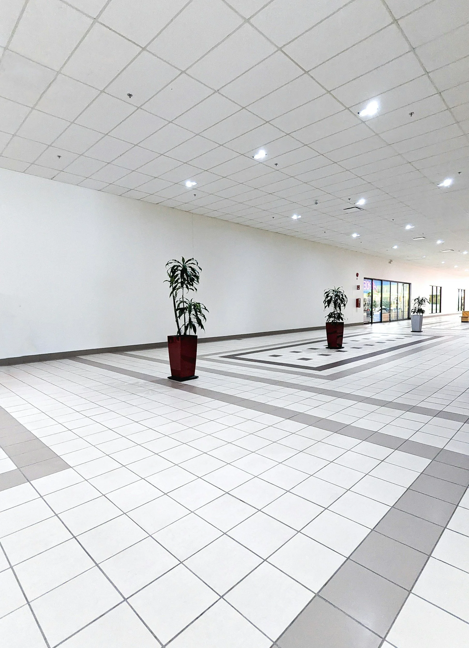 Empty indoor space with large white tiled floor, white walls, ceiling with embedded bright lights, and potted plants in decorative red and gray pots near the entrance.