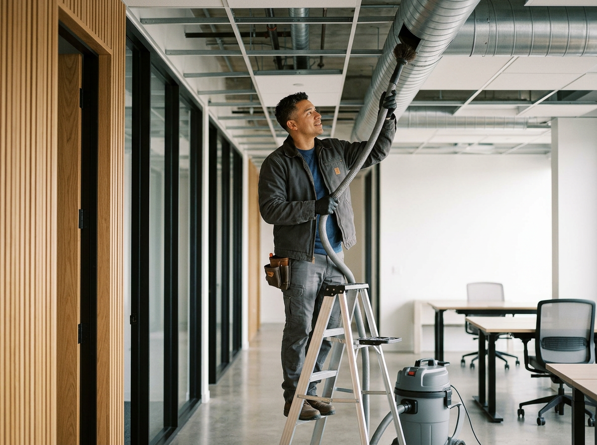 A man standing on a ladder using a vacuum system to clean the ceiling ducts in an office space.