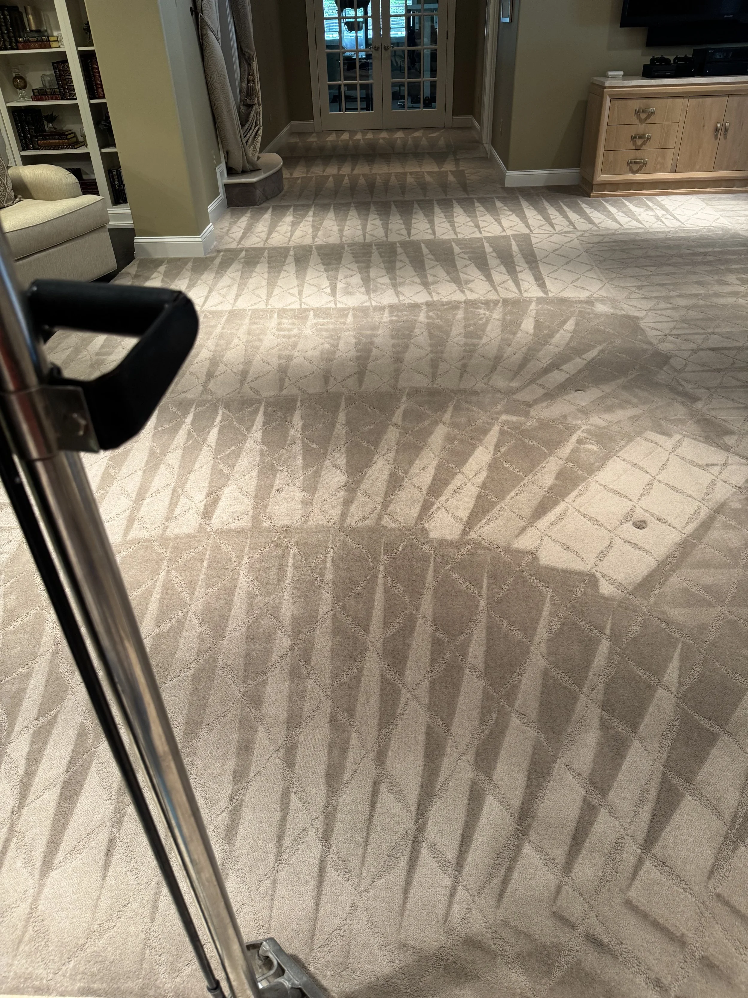 Living room with a doorway at the back, a beige carpet with a diamond pattern, a sofa on the left, a large TV on a wooden stand on the right, and a bookshelf on the far left. The shadow of a vacuum cleaner's pole is cast on the carpet.