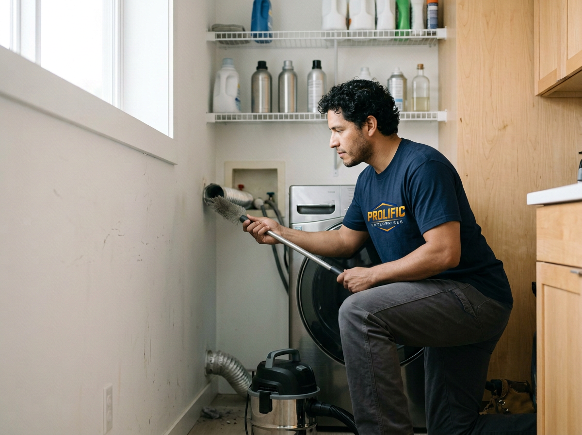 A man kneeling in a laundry room, vacuuming the wall near a washing machine with a handheld vacuum cleaner.