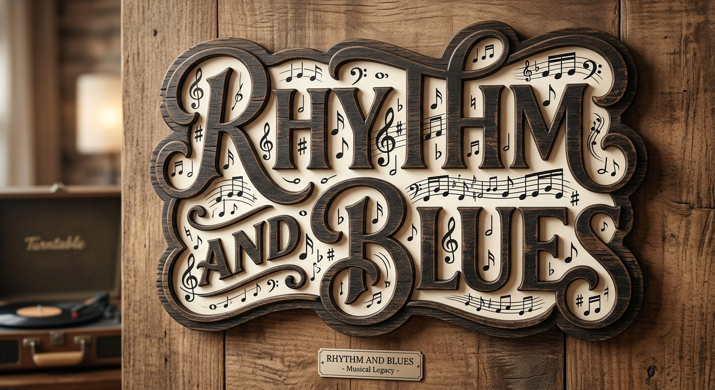 Decorative wooden sign with the phrase "Rhythm and Blues" surrounded by musical notes and symbols, mounted on a wooden wall.