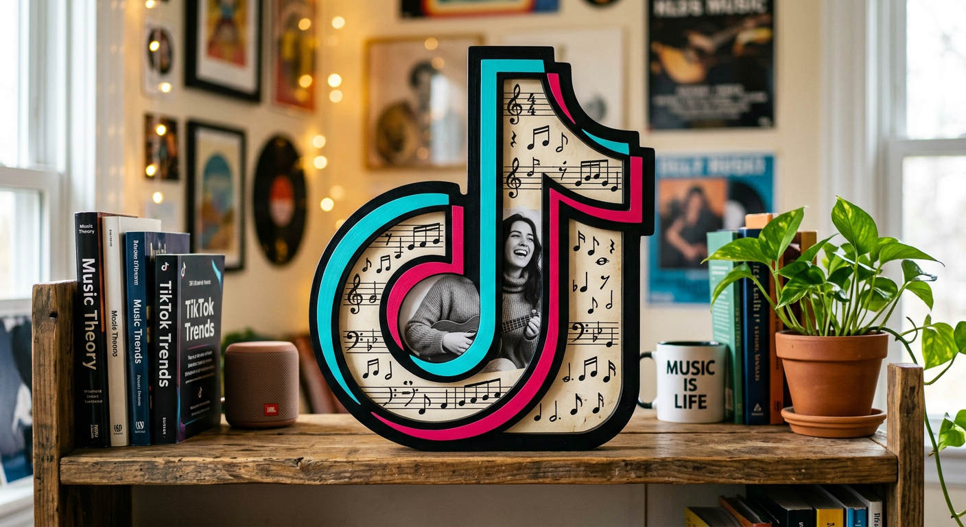 A musical TikTok logo decor piece with a photo of a woman playing guitar inside it, placed on a wooden table surrounded by books, a potted plant, a mug that says "Music is Life," and a small speaker, in a room with framed pictures and posters on the wall.